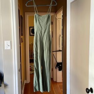 Linen Blend Green Sage Jumpsuit Tie Back
